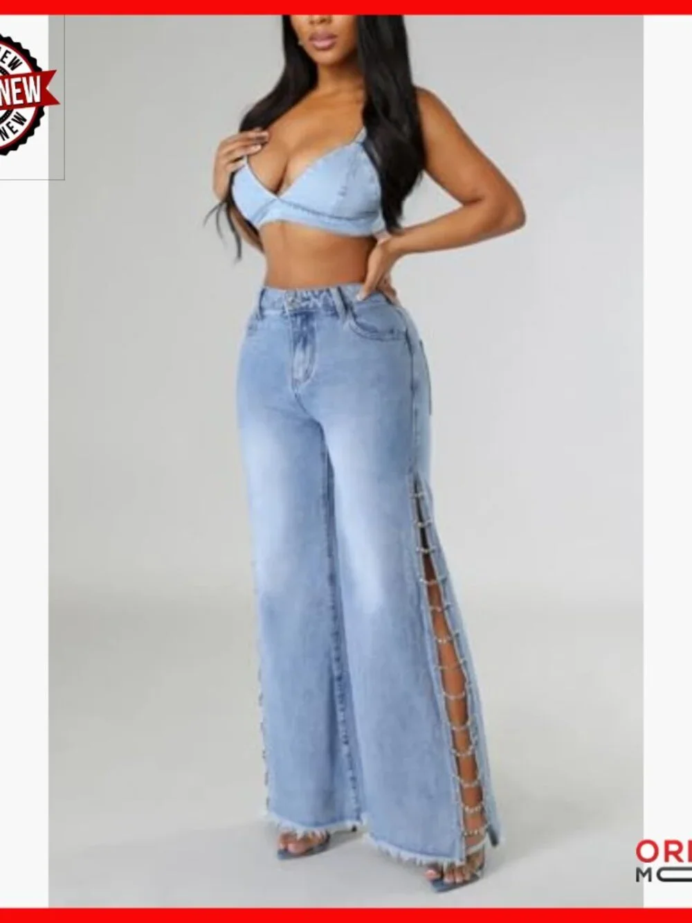 High Waist Rhinestone Jeans Diamond Lace Up Hollow Out Split Denim Pants Fringe